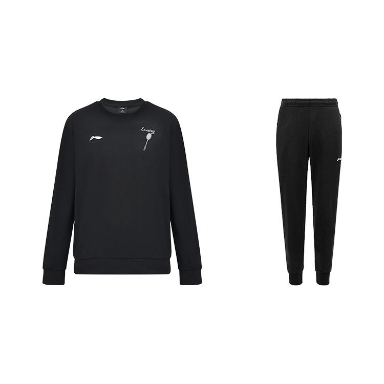 

Li-Ning Простой удобный пуловер с круглым вырезом и мягкие спортивные штаны с манжетами, унисекс, комплект, черный AWDUH89-1+AKLTC39-1 S