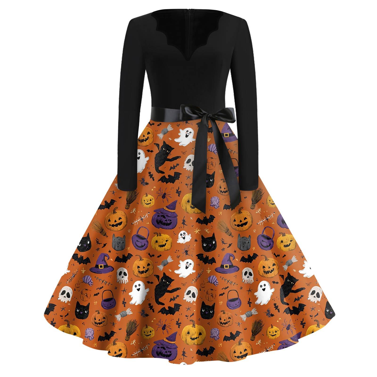 

Женская мода с v-образным вырезом, повседневные тонкие платья с длинными рукавами и принтом на Хэллоуин S