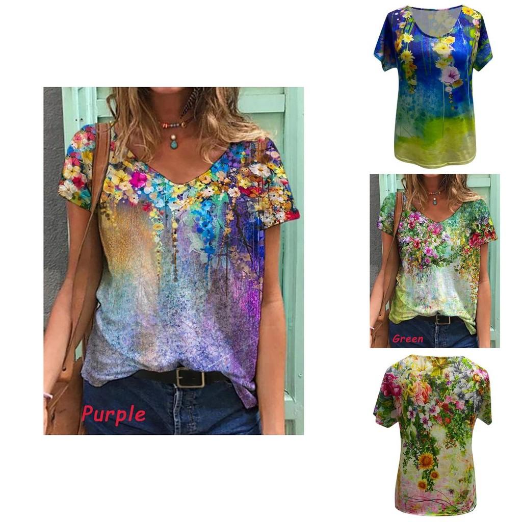 Comfortable Womens V Neck Short Sleeve Blouse Casual Floral Print T-shirt Tunic Tops