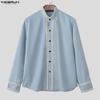 INCERUN Men Stand Neck Stitching Buttons Up Casual Long Sleeve Shirts