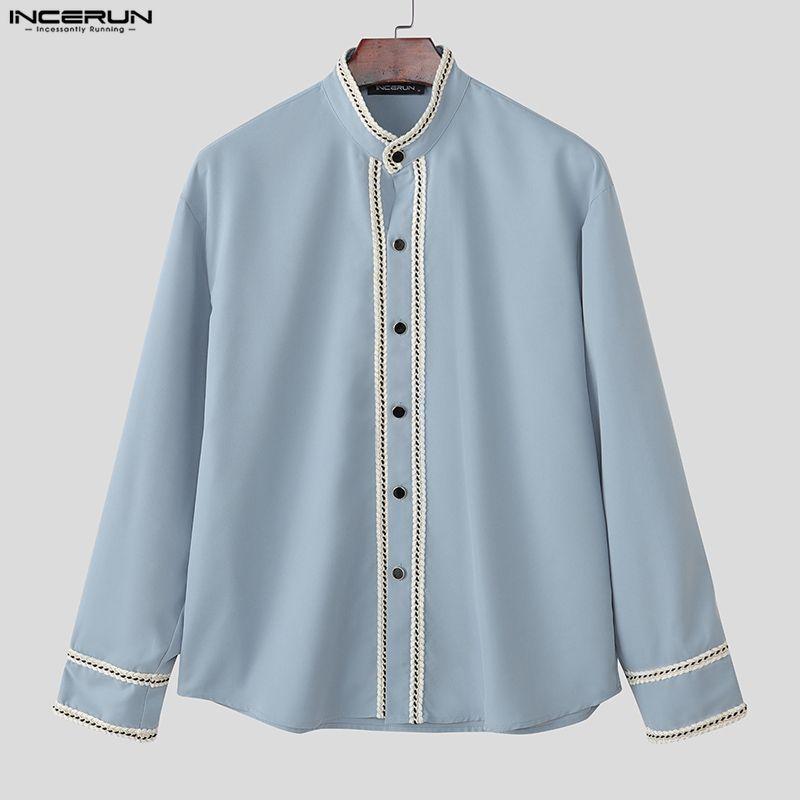 INCERUN Men Stand Neck Stitching Buttons Up Casual Long Sleeve Shirts