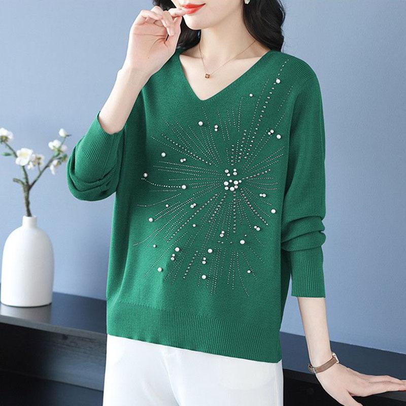 Autumn and Winter Women's V-Neck Sweater Solid Color Loose Beaded Sweater Plus Size Knitted Pullover Top