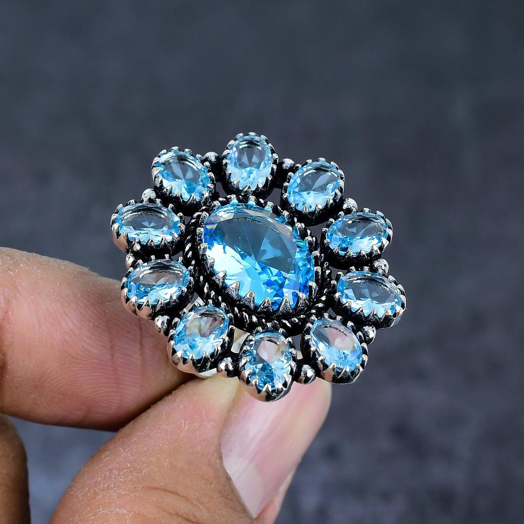 Natural Swiss Blue Topaz Gemstone 925 Sterling Silver Jewelry Ring Size 7 d4Q59