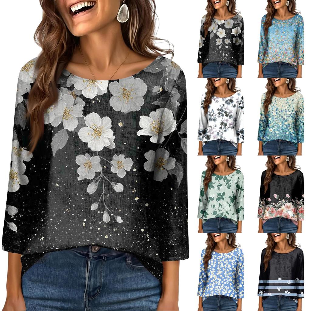 Damtopp med rund hals och 3/4-ärmar, trendig och avslappnad tryck