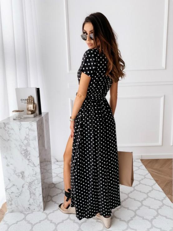 Rochie cu imprimeu cu buline la modă pentru femei Rochie cu bandaj cu fante sexy cu decolteu în V Rochie cu mânecă scurtă
