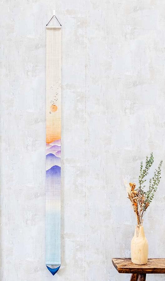Narrow Tapestry Wild Linen Interior Tapestry Wall Hanging "First Geese" 100% Hand-dyed