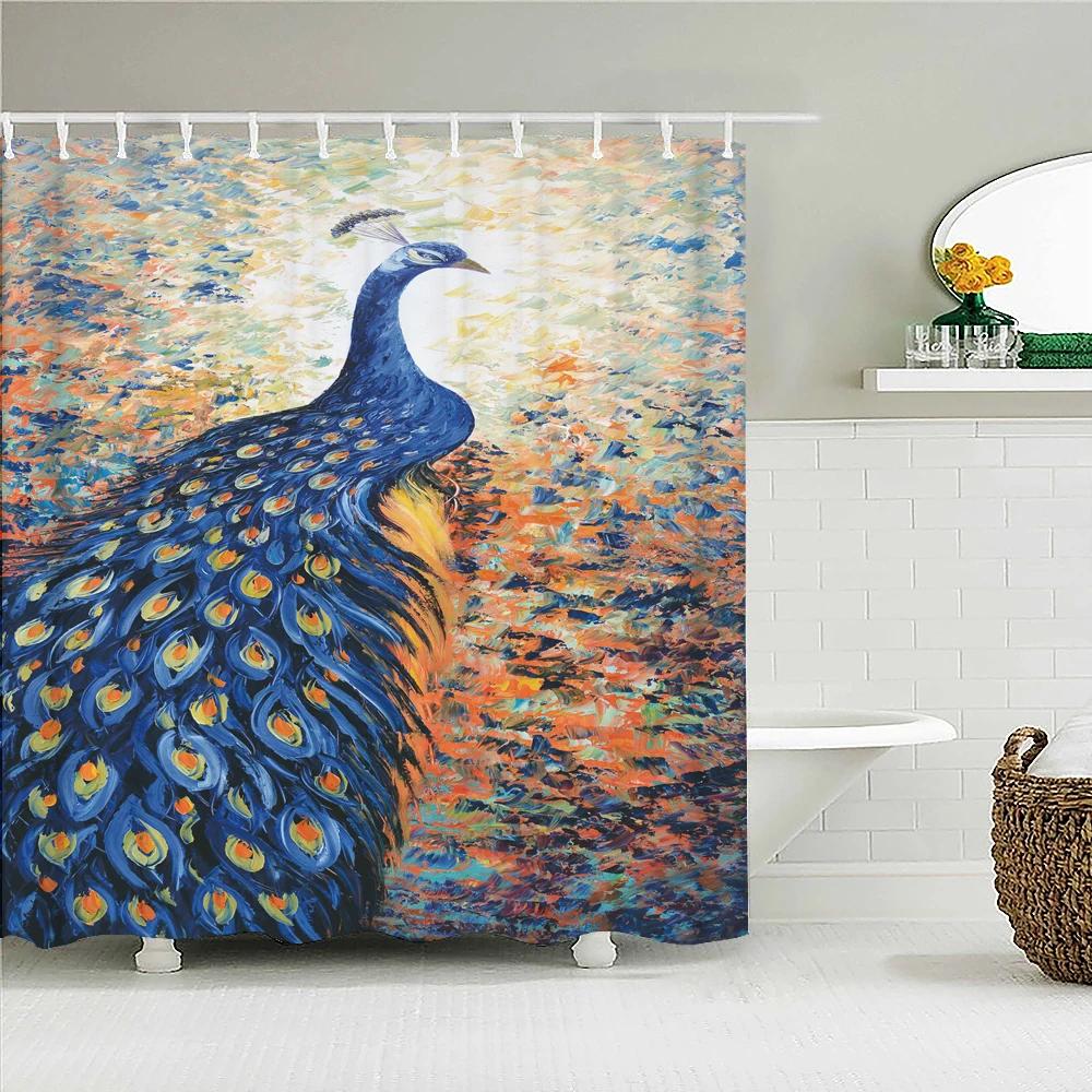3D Flowers and Birds Peacocks Shower Curtain Waterproof Bathroom Curtains Polyester Home Decor Bathtub Curtain Screen with Hooks