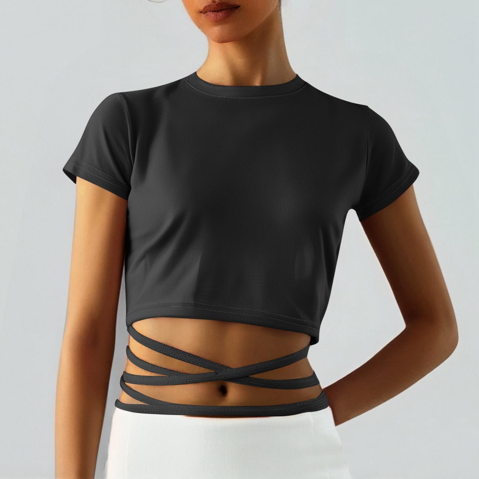 Women s Color Round-neck Short-sleeved Top With A FittedDrawstring Lace-up Top T-shirt S чёрный