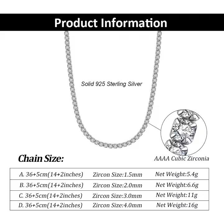 Tennis Necklace Rhodium Plated Round Diamond Cut Zirconia 925 Sterling Silver Sweater Chain for Women Men  Jewelry