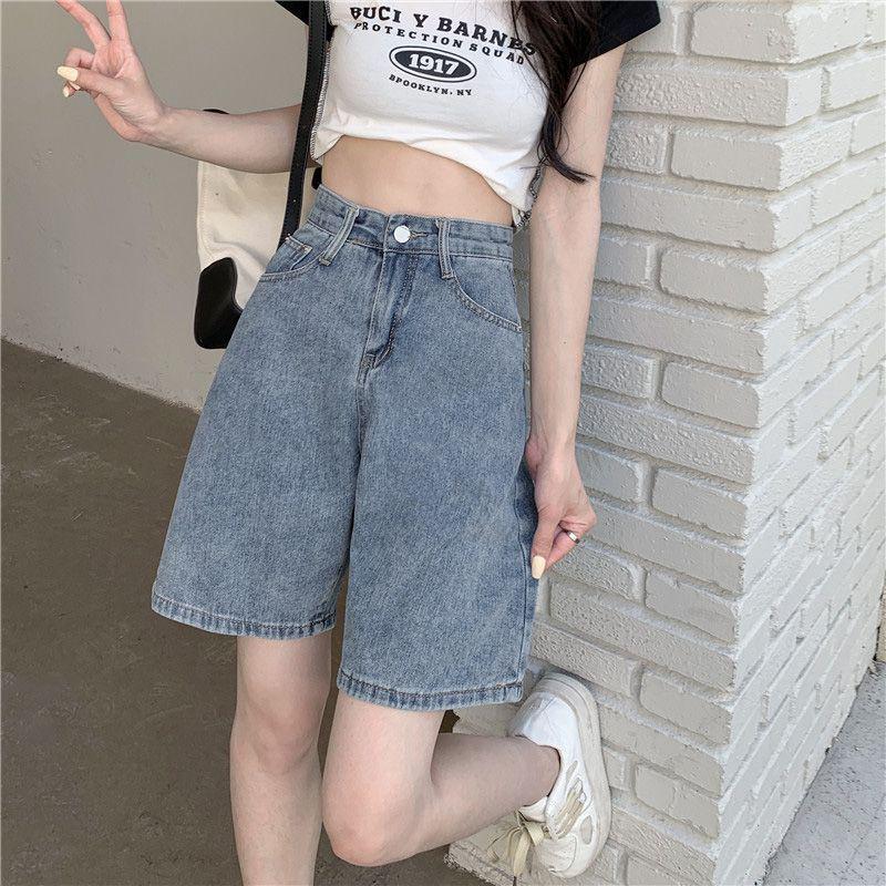 2026 Women's Retro High-Waisted Denim Shorts - Loose Mid-Length, Wide-Leg Style