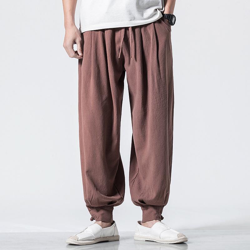 Loose Cotton-Linen Monk Pants with Hem - Lay Buddhist Meditation Wear for Spring and Summer