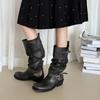 Retro Shoes, Round-toed Thigh-high Ankle Boots, Belt Buckle High Ankle Boots, Women's Long Ankle Boots
