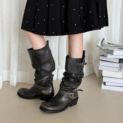 Retro Shoes, Round-toed Thigh-high Ankle Boots, Belt Buckle High Ankle Boots, Women's Long Ankle Boots