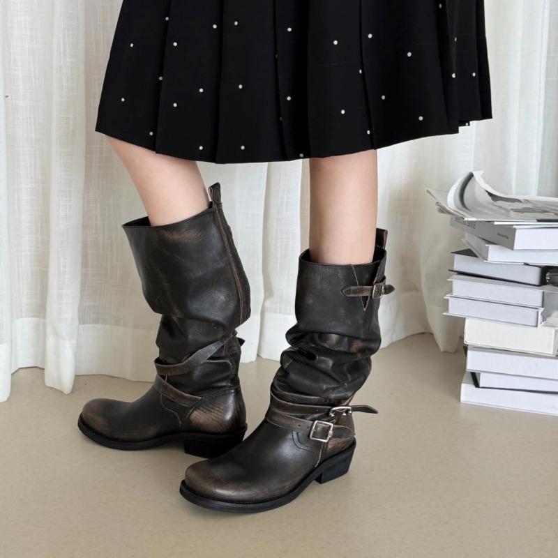 Retro Shoes, Round-toed Thigh-high Ankle Boots, Belt Buckle High Ankle Boots, Women's Long Ankle Boots