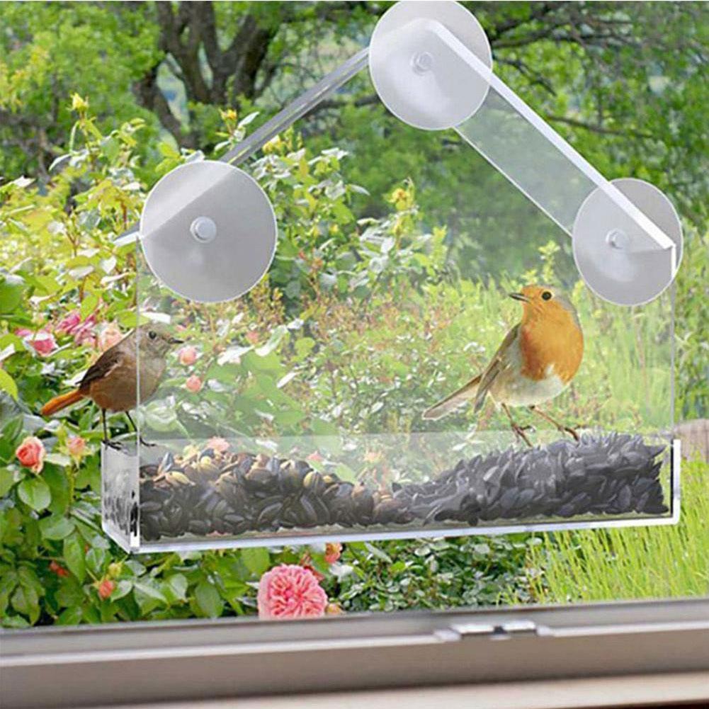 Acrylic Bird Feeder Clear Window Outside Hanging Bird Feeder House with Suction Cup for Garden Outdoor Backyard Wildlife Birding