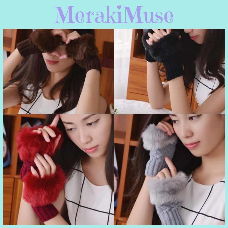 Color Plush Solid Knitted Half Finger Gloves Thickened Warmth Fashion Gifts