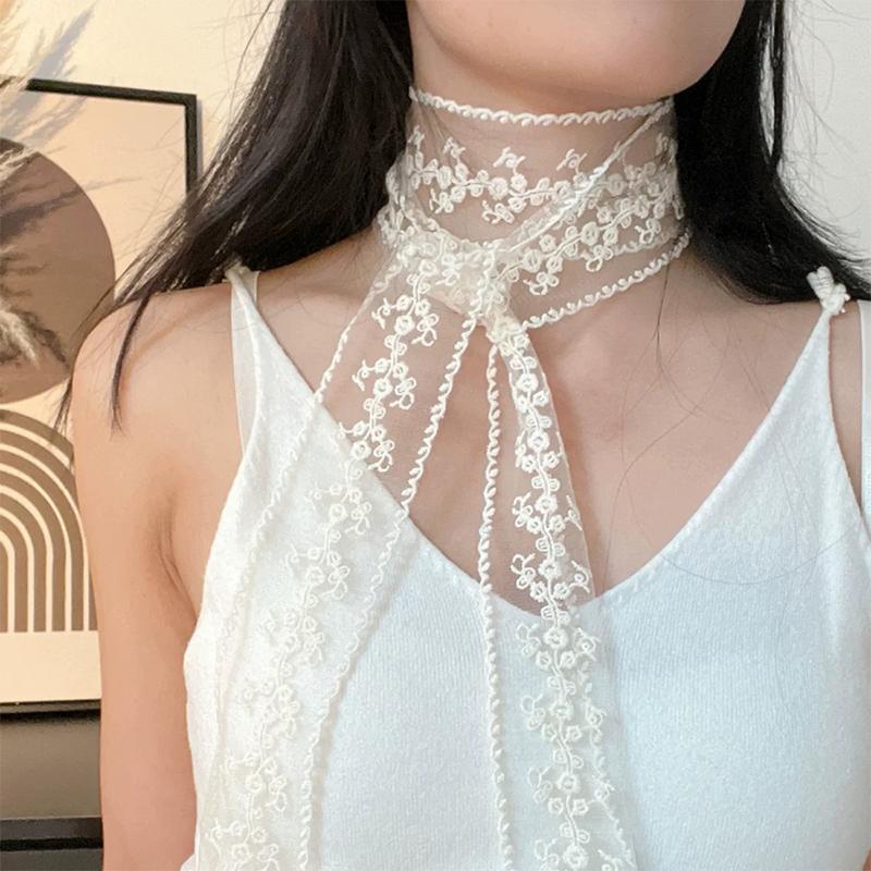 Embroidery Long Ribbon And Belt Accessories French Lace Scarf Summer Hollow Floral Long Ribbon Scarves Hair Tie Snood Headband