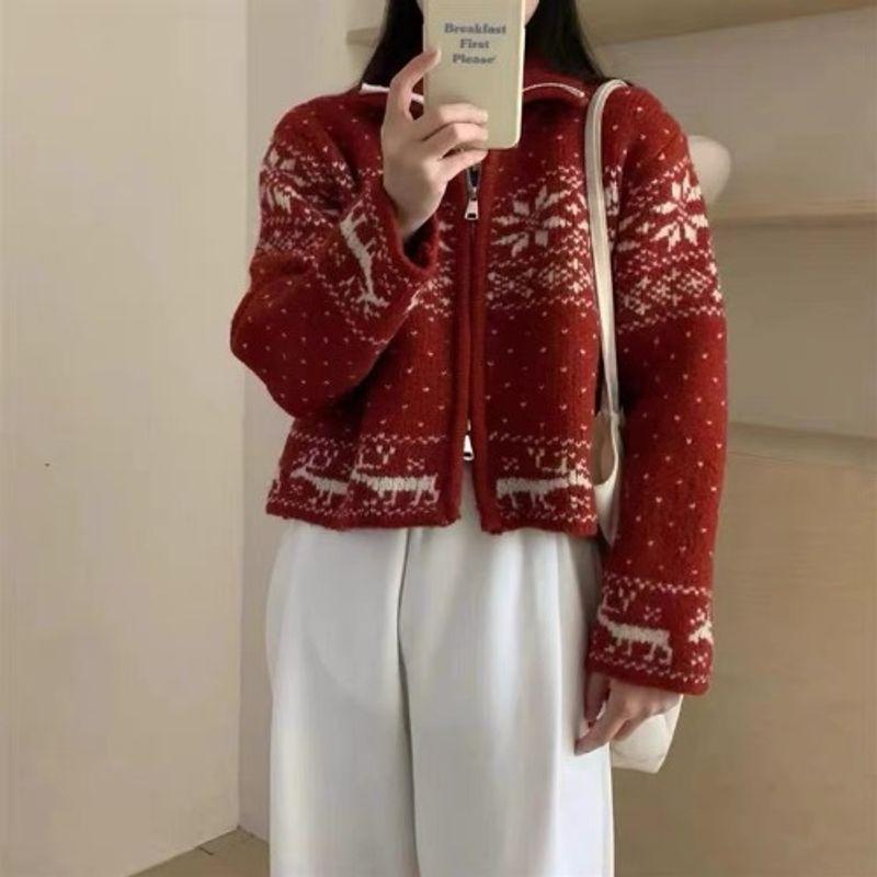 New Fall Women's Clothing Vintage Style Heavy Industry Stand Collar Zipper Knitting Cardigan Snowflake Embroider Sweater Long Sleeve Outwear