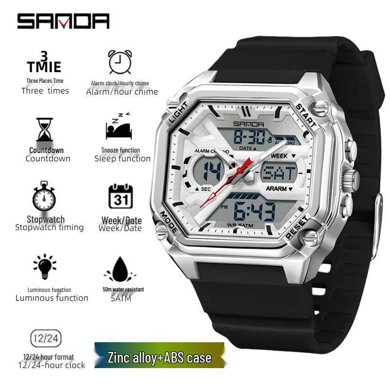 Sanda Men's Multi-Functional Sports Embossed Square Watch with Three-Zone Time and Alarm.