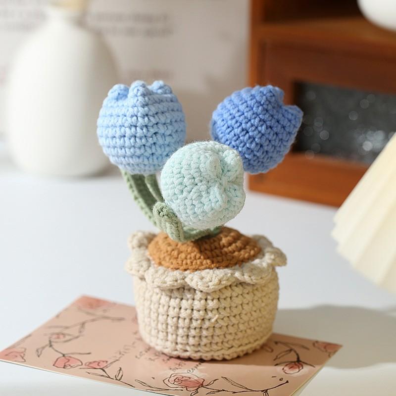Creative Handmade Yarn Crochet Tulip Potted Plant Home Decoration Crafts Desktop Car Gift Shooting Props
