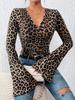 New Leopard Print Layered V-Neck Flared Sleeve Slim Fit Sexy Knit Top Women's Clothing