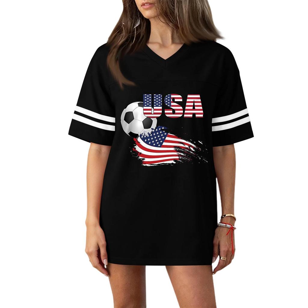 Women’s Short Sleeve V Neck Loose Fit Soccer Graphic Tee Shirt with USA Flag Letter Print and Striped Sleeves Casual Top