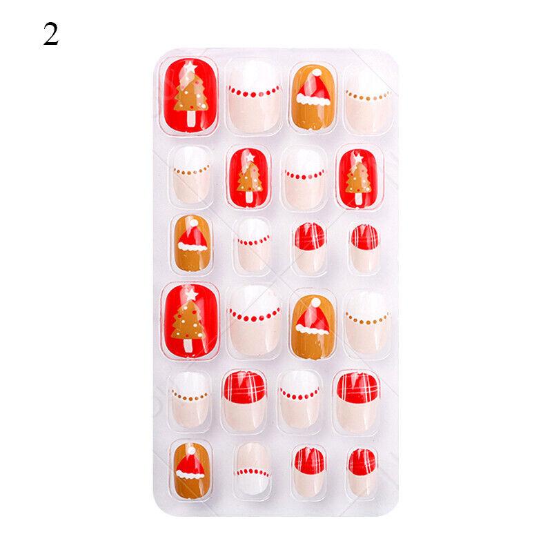 24PCS Kids Christmas Fake Nails Press On Full Cover Stick On False Nail Tips *