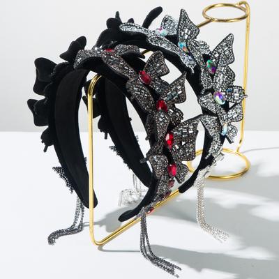 Tiara de Cabelo Borboleta Strass Preto Brilhante Glitter Cristal Contas Larga Bling Joias Acessórios de Cabelo para Mulheres Meninas