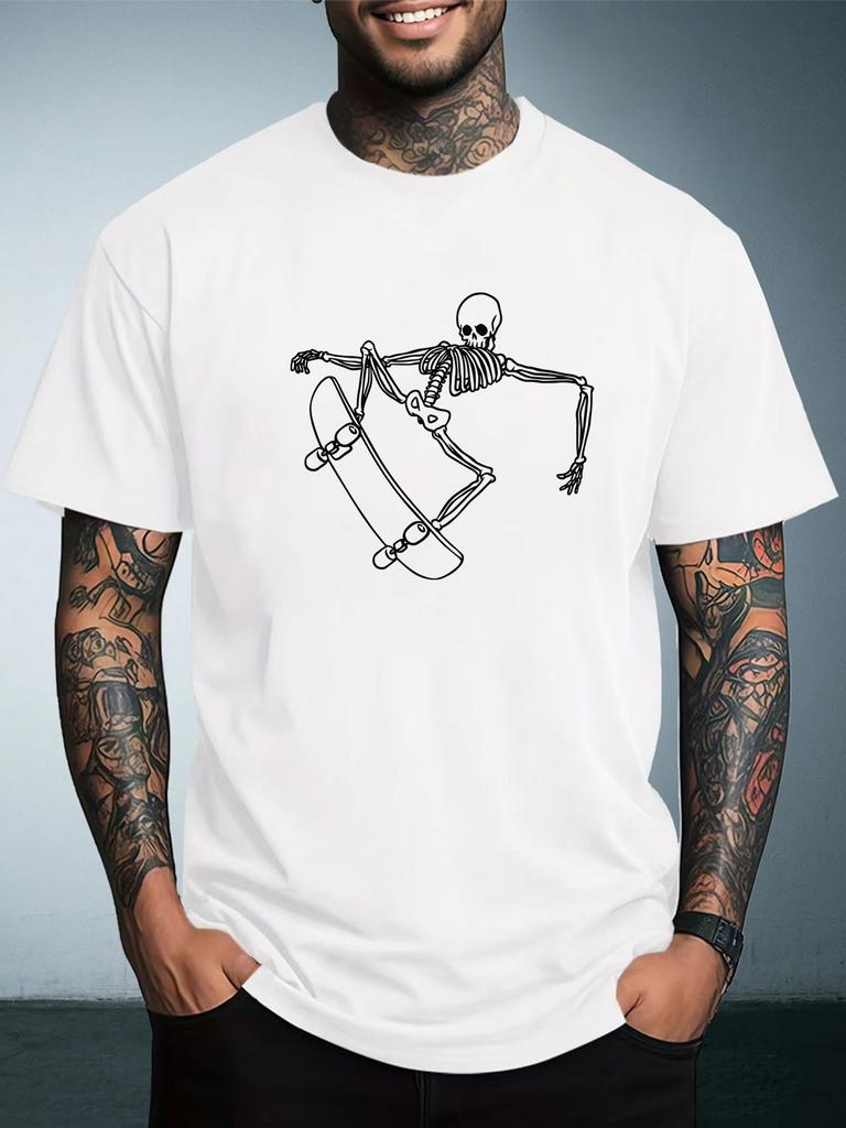 Unisex White Short Sleeve Tee Cool Skateboarding Skeleton Line Graphic Crew Neck Loose Casual Male Street Summer Fashion Tops