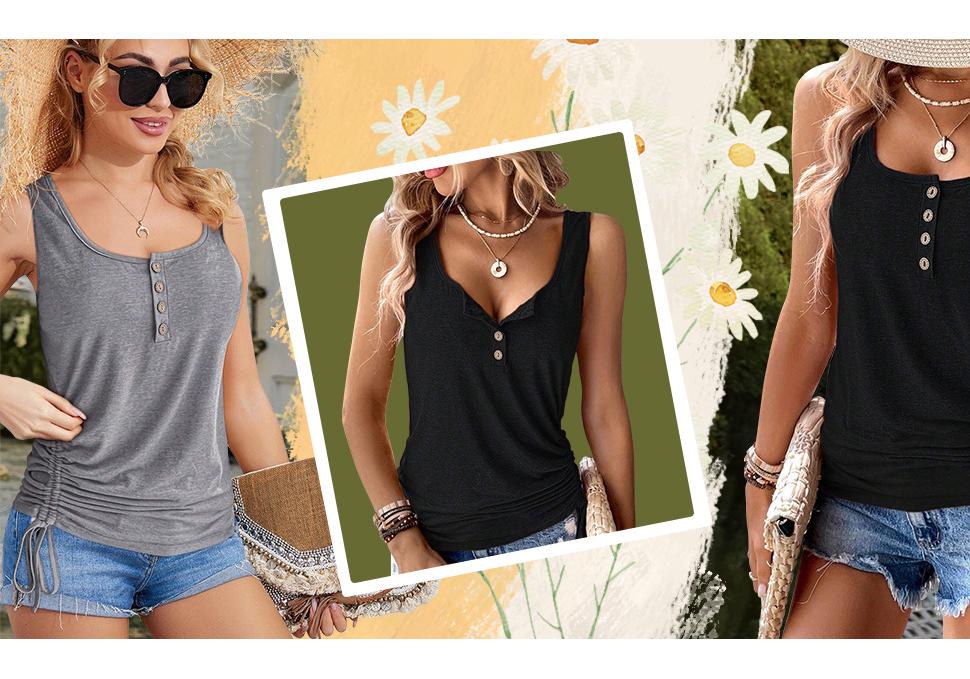 Women's Casual Sleeveless U-Neck Button Drawstring Shirt