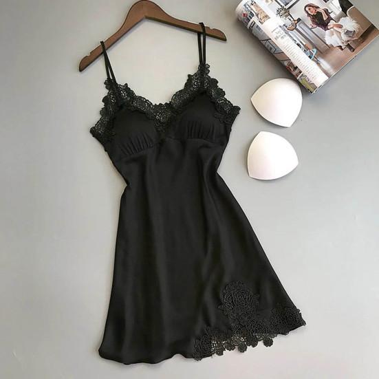 Vestaglia da Notte Sexy da Donna Scollo a V Senza Schiena Senza Maniche Patchwork di Pizzo Imbottiture Rimovibili Raso Tinta Unita Morbida Lunghezza Sopra il Ginocchio Abito da Notte da Donna