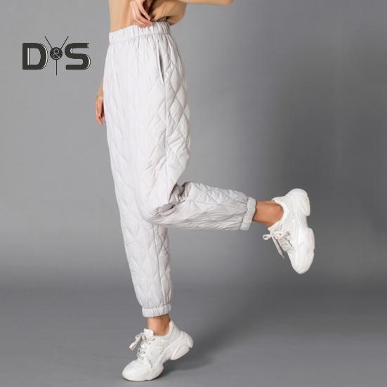Women Winter Pants Elastic High Waist Quilted Pants Diamond-shaped Texture Design Thickened Warm Sweatpants