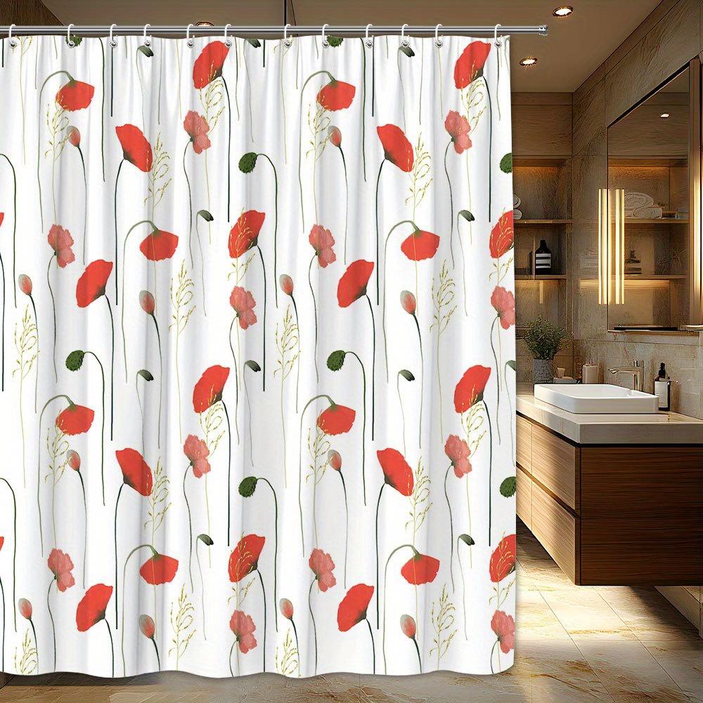 1 шт. Красный мак Шторка для душа - Мягкий акварельный цветочный узор, минималистичная эстетика с крючками, машинная стирка, полиэстеровая ткань 90X180cm