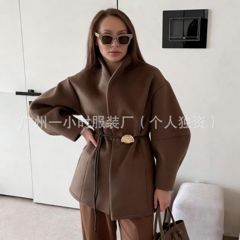 Women Brown Waisted V Neck Long Sleeve Casual Woolen Coat