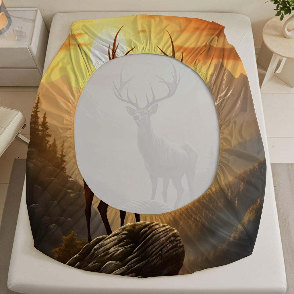3pcs Fitted Sheet Set Deer Sunset 3D Printed Wildlife Nature Breathable Bed Sheet With Pillowcases For Bedroom Decor