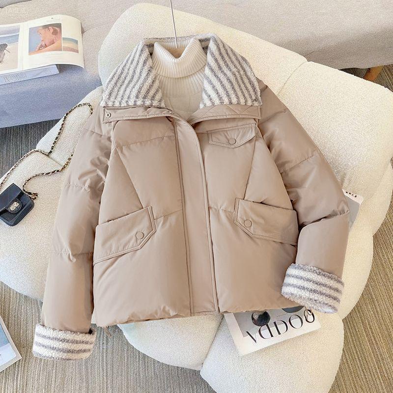 Women's Short Down Cotton Coat: Lamb Wool Loose Winter Jacket, Korean Style Thick Spandex Bread Coat