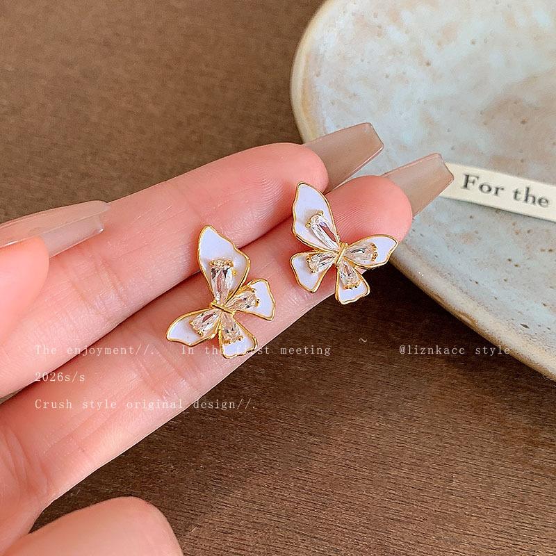Korean Sweet Versatile Oil Drop Zircon Butterfly Stud Earrings Women's Summer Light Luxury Earrings New Popular Earrings Women