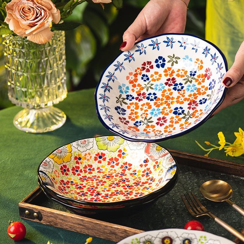 Hand painted plate Household ceramic plate Vegetable plate New deep plate Breakfast plate Fish plate Dumpling plate