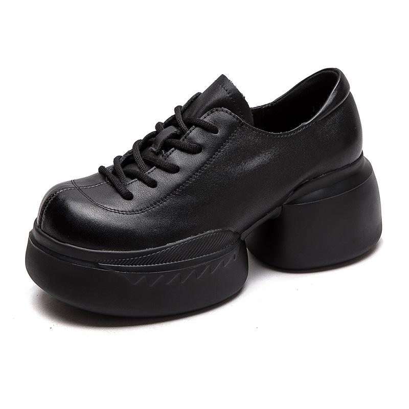 Fashion GKTINOO 2025 Autumn New Genuine Leather Thick Sole Pumps Versatile Retro Round Toe Lace-up Women's Platform Shoes