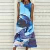 Plus Size Ladies Sleeveless Crew Neck Dress Exotic Tropical Leaves Flowy Calf Length Gown