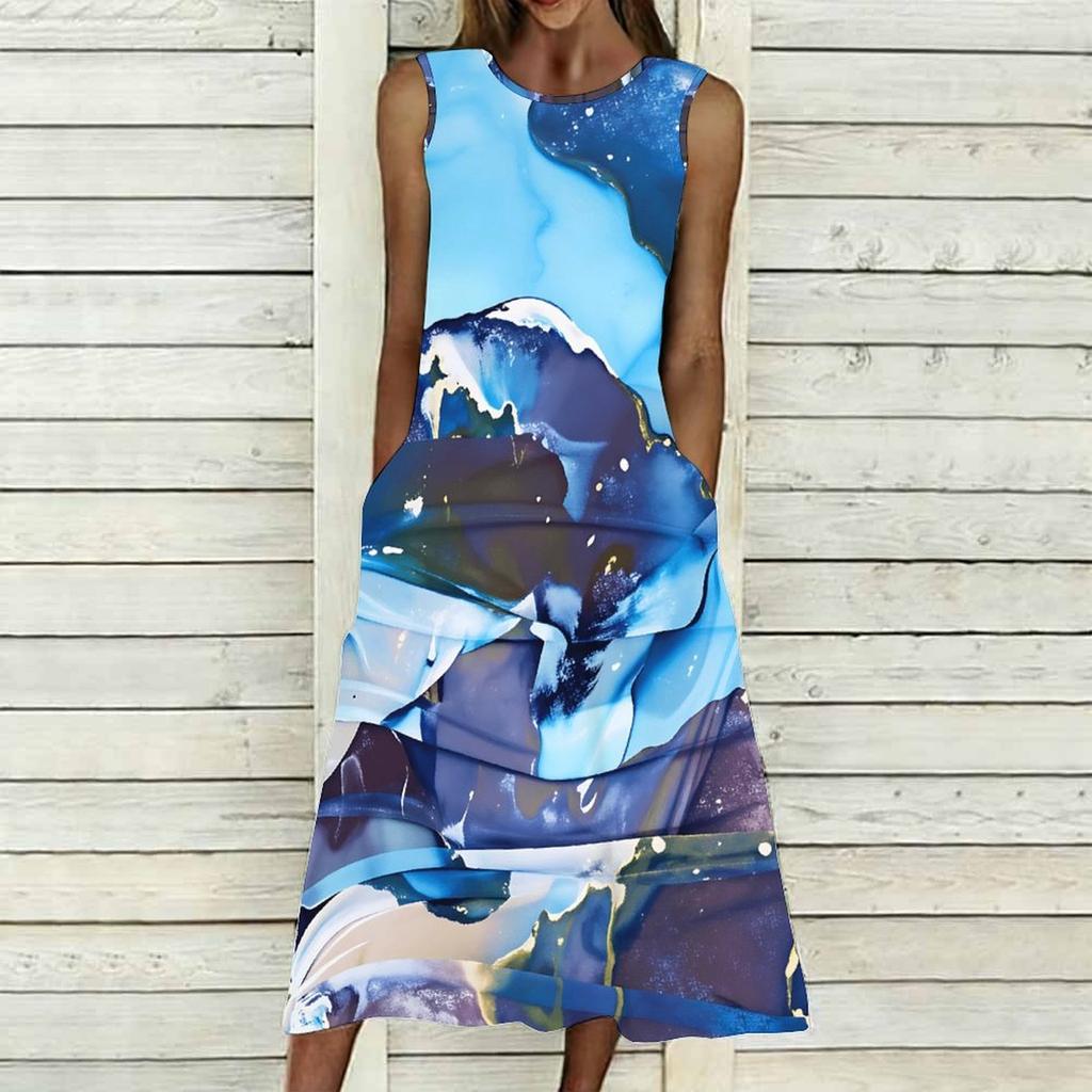 Plus Size Ladies Sleeveless Crew Neck Dress Exotic Tropical Leaves Flowy Calf Length Gown