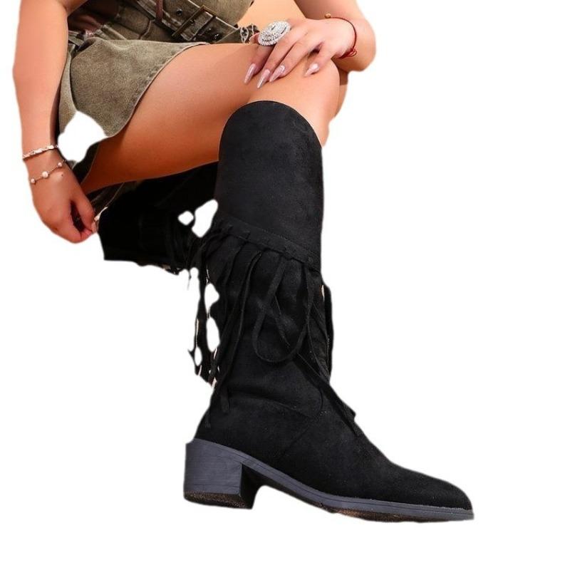 Autumn and Winter New Large Size High Tube Tassel Fashion Boots Women's Outer Wear Square and Tassel