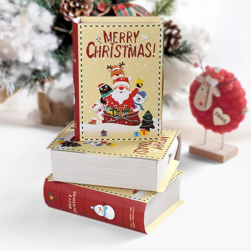 WTEMPO Christmas Gift Boxes Mini Gifts Packaging Boxes DIY Foldable Christmas Series Pattern Printed Paper Boxes Book Shaped Design Decorative Boxes
