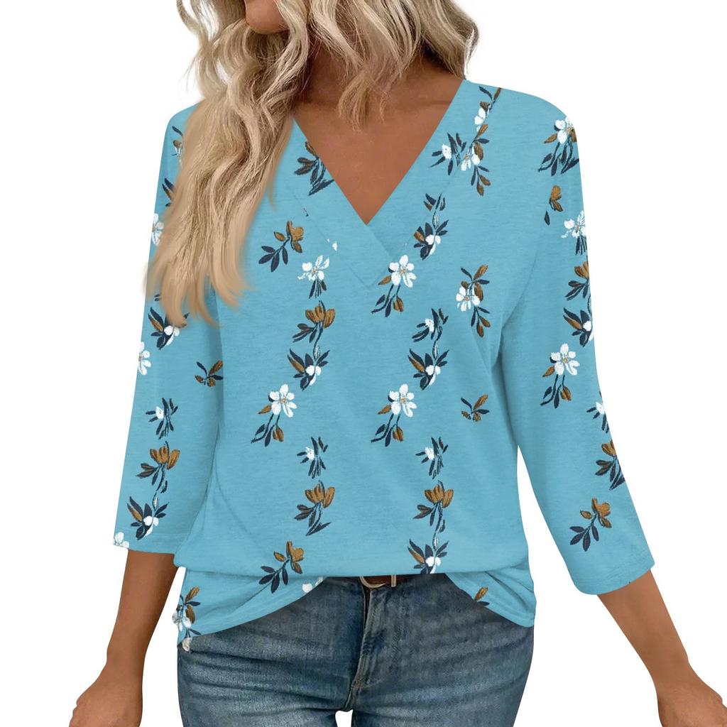 3/4 Length Sleeve Womens Tops V Neck Casual Tunic Tops Basic Shirts Loose Fit Blouse