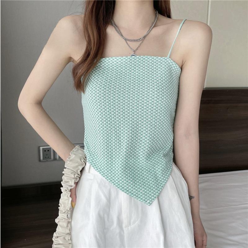 Summer New Retro Sexy Spice Slim Plaid Irregular Halter Vest Women's Slimming Top