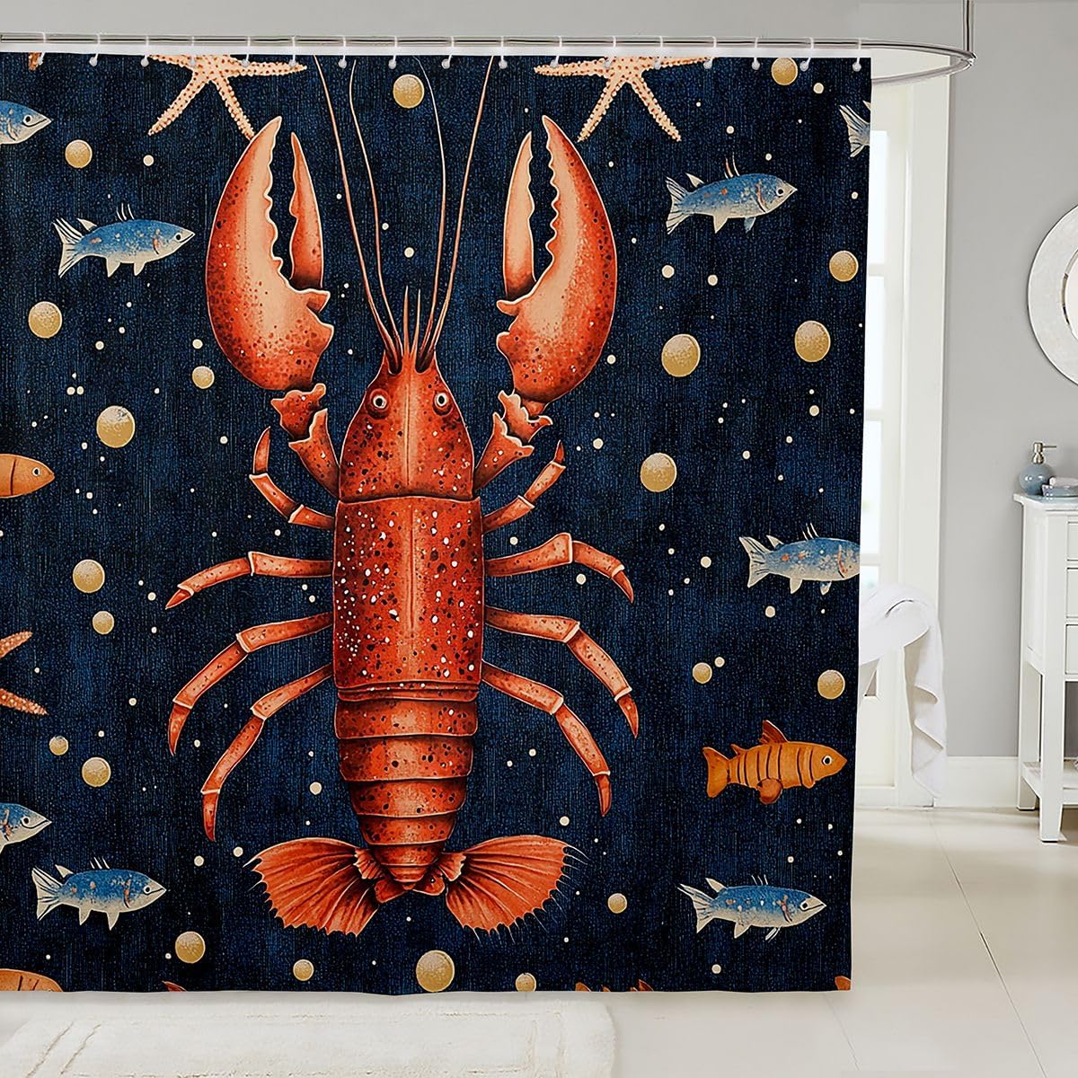 

Lobster Pattern Waterproof Peva Fabric Shower Curtain Bathroom Decor Marine Sea Life Ocean Theme Waterproof Curtain With Hooks W60H190(CM)-1 Pcs