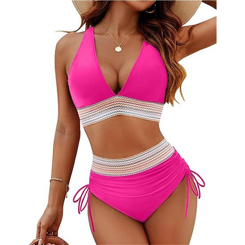 Ensemble Bikini Cordon de Serrage Couleur Unie Mode Taille Haute Séparé Patchwork Maillot de Bain Cordon de Serrage Maillot de Bain Femme Femmes