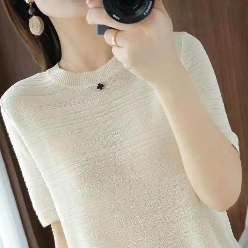 

Women s Ice Silk Knitted T-shirt Summer Korean Edition Loose Loose Thin Short Sleeve Top 2XL брудно-білий