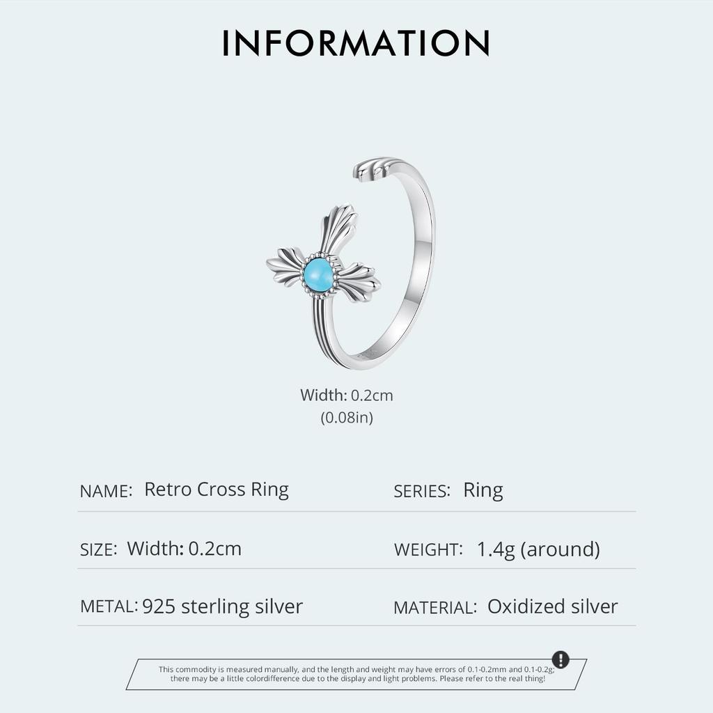 Vintage Turquoise Cross Open Ring S925 Sterling Silver Oxidized Women's Jewelry Adjustable Rings