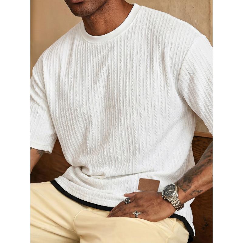 Men's White Textured Crew Neck Short Sleeve T-Shirt